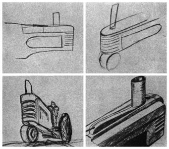 Four pencil sketches in sequence of a Farmall F-22.